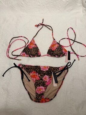 Floral Leopard Print Triangle Bikini Set - Pink & Brown M Top L Bottom